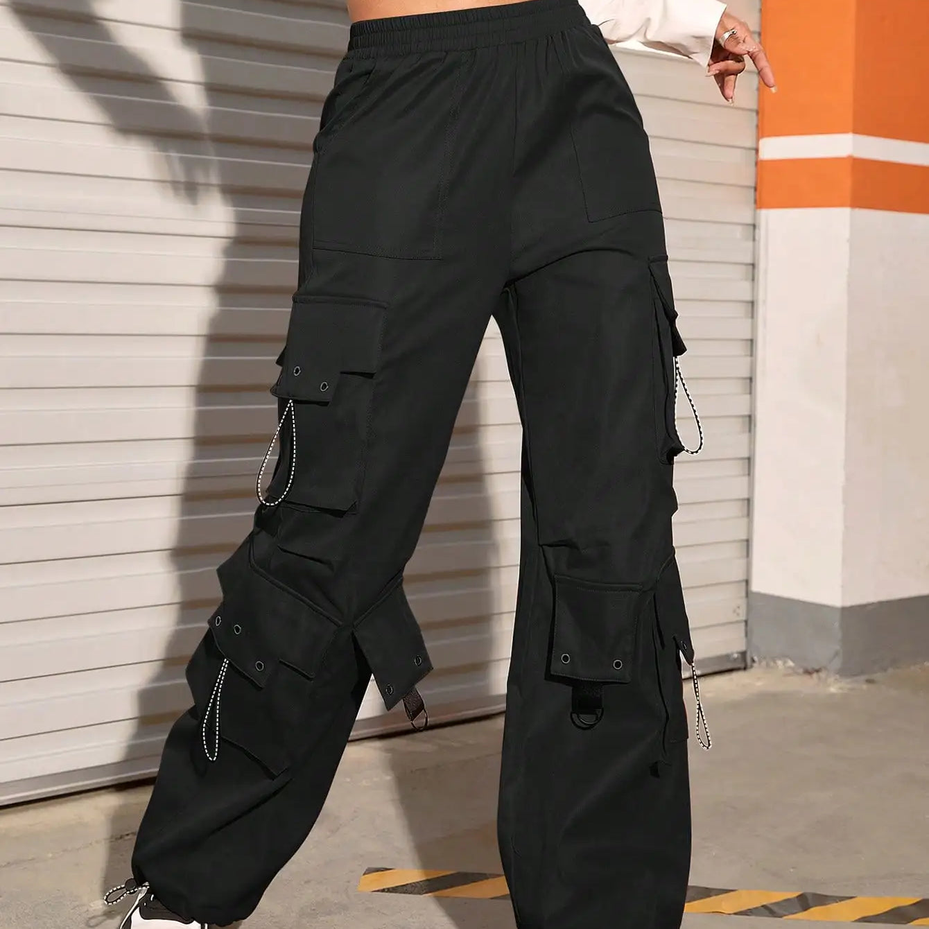 Y2k High Street Trend Hip Pop Flap Pocket Side Solid Color Elastic Waist Loose Straight Cargo Pants Streetwear
