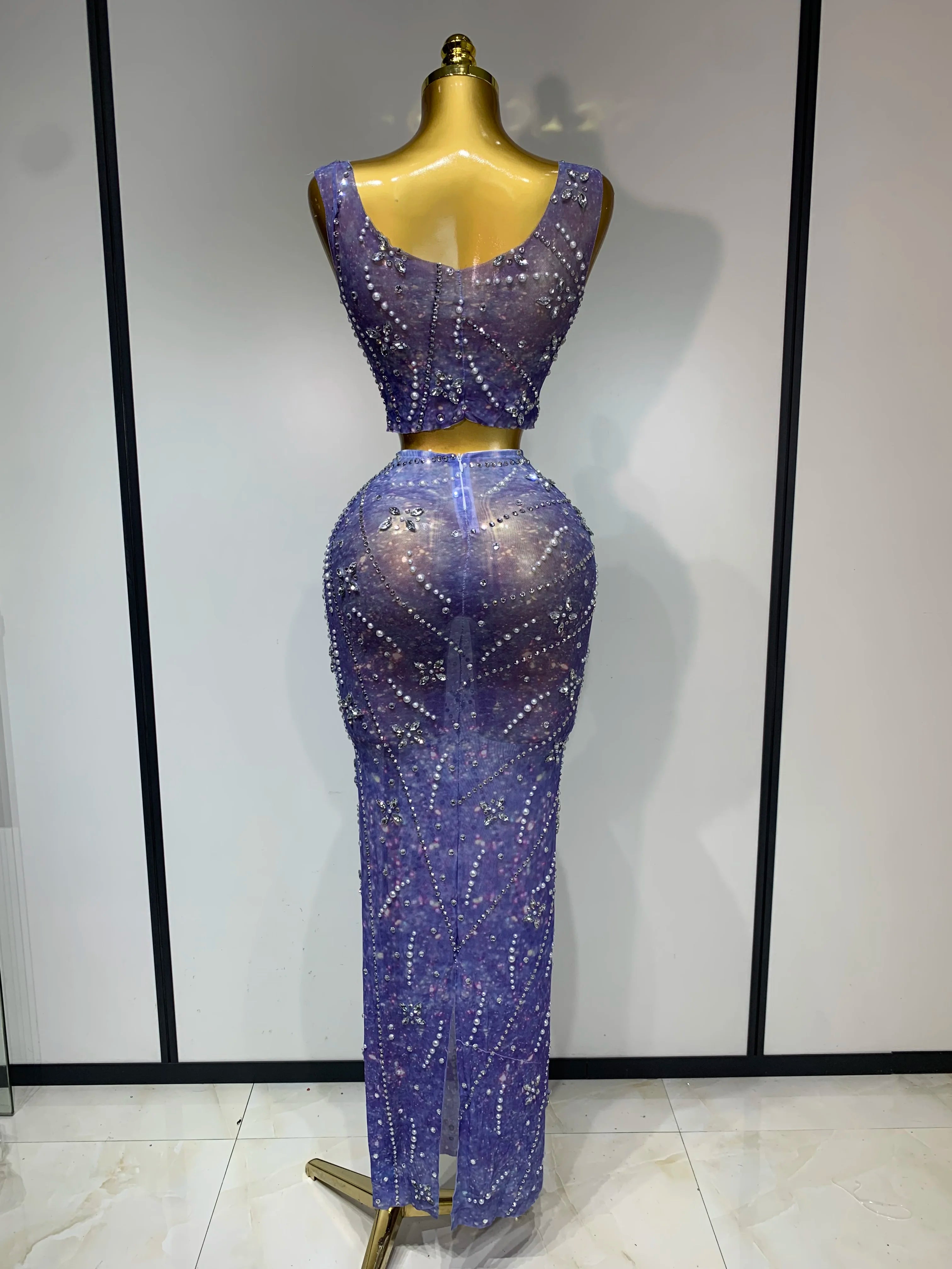 Sparkly Rhinestones Top Long Skirt Two Pieces Set Women Celebirty Luxury Birthday Dress Nightclub Stage Performance Costume