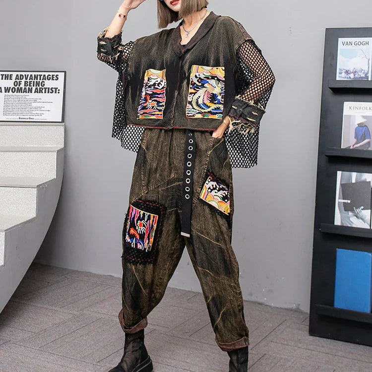 Spring Summer New Embroidered Patchwork Mesh Denim Short Sleeved T-shirt + Harem Pants Two-piece Set Women LX253