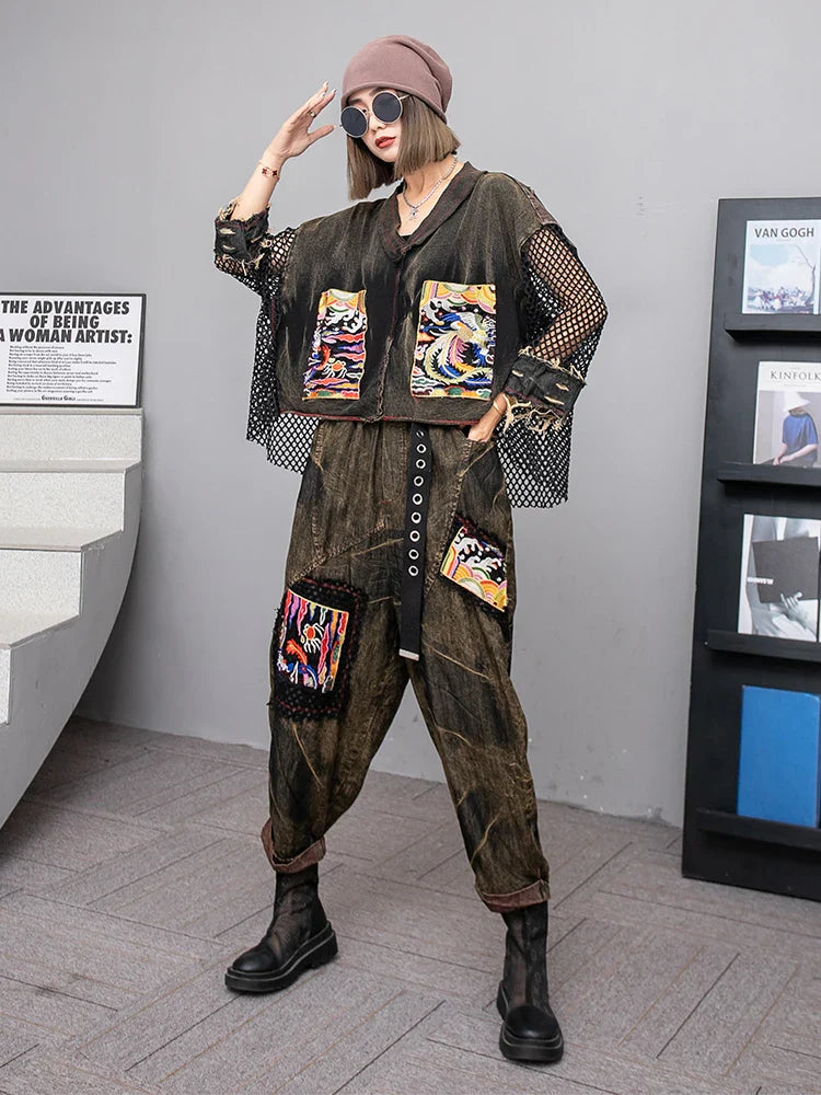 Spring Summer New Embroidered Patchwork Mesh Denim Short Sleeved T-shirt + Harem Pants Two-piece Set Women LX253