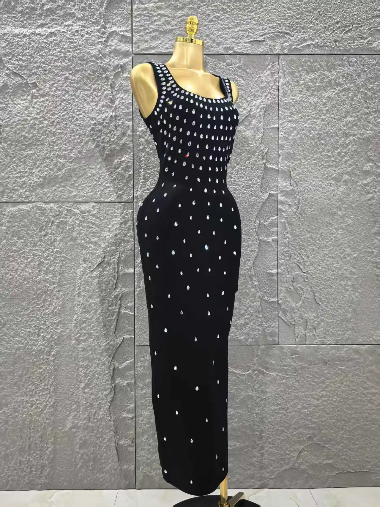 Women Sleeveless Sexy O-Neck Shinning Crystal Bodycon Long Bandage Dress Celebrity Red Carpet Evening Party Outfit