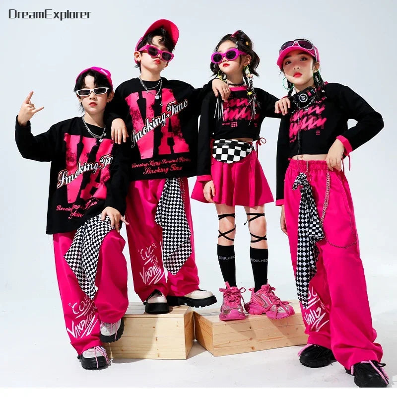 Girls Hip Hop Crop Top Street Dance Skirts Boys Cool Sweatshirt Pink Cargo Pants Child Streetwear Kids Jazz Costumes Clothes Set