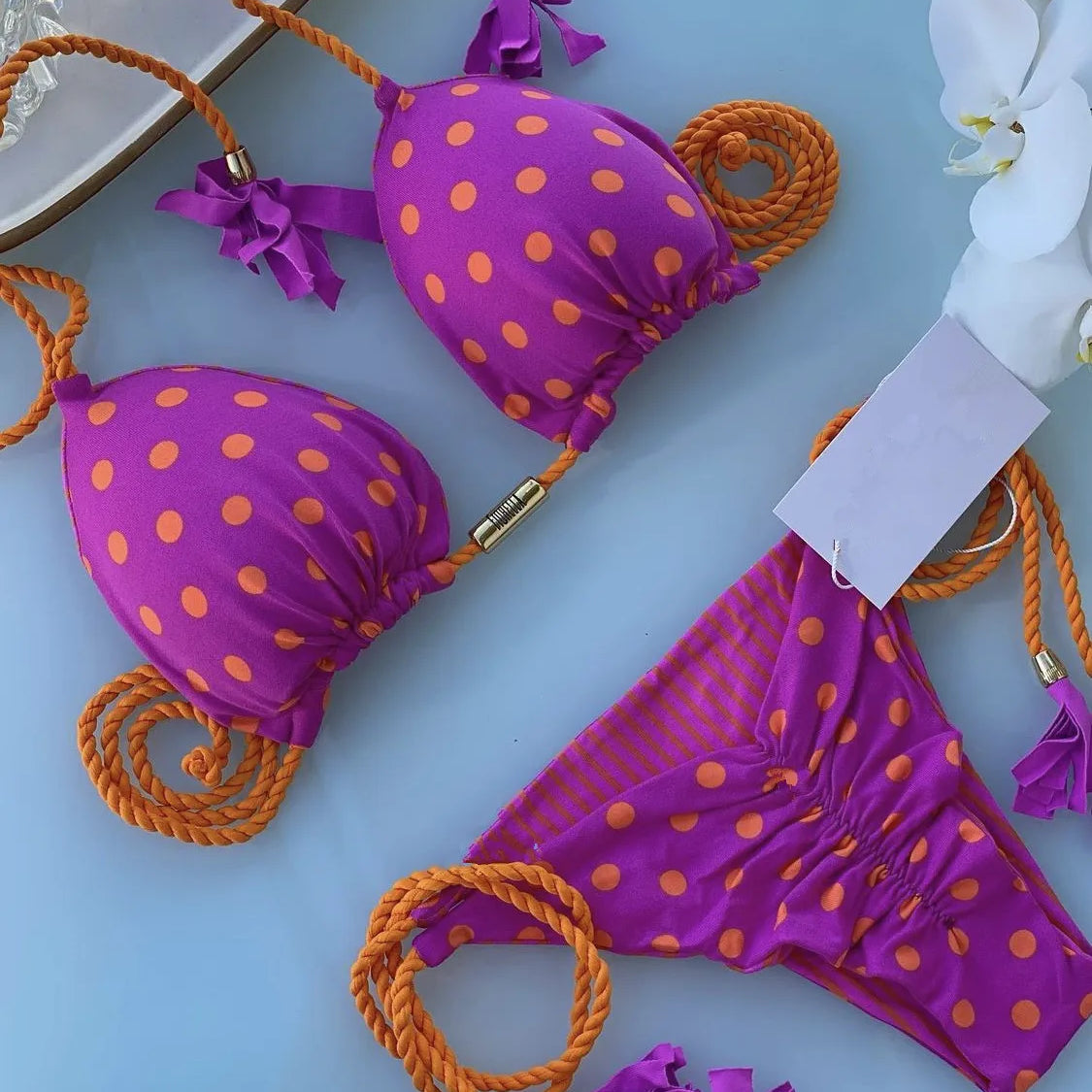 Women's Rope Swimwear Strap Split Bikini Printed Triangle Swimsuit 8257