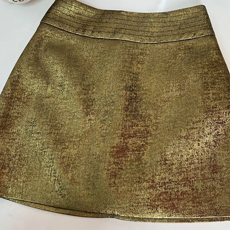 Fashion Luxury Golden Mini Skirt Women Clothing High Street Sexy A-Line Skirts Office Lady Bottoms Streetwear Vintage New Design