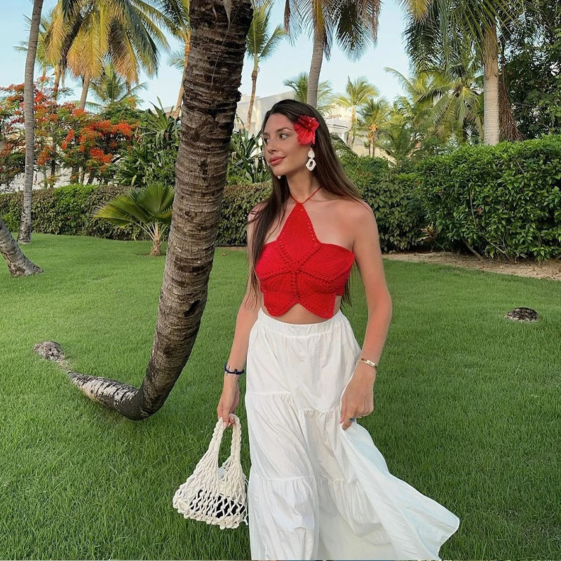 Knitted 3d Flower Women Halter Vest Sexy Hollow Out Backless Female Crop Top Summer Sleeveless Lace Up Holiday Lady Beachwear red