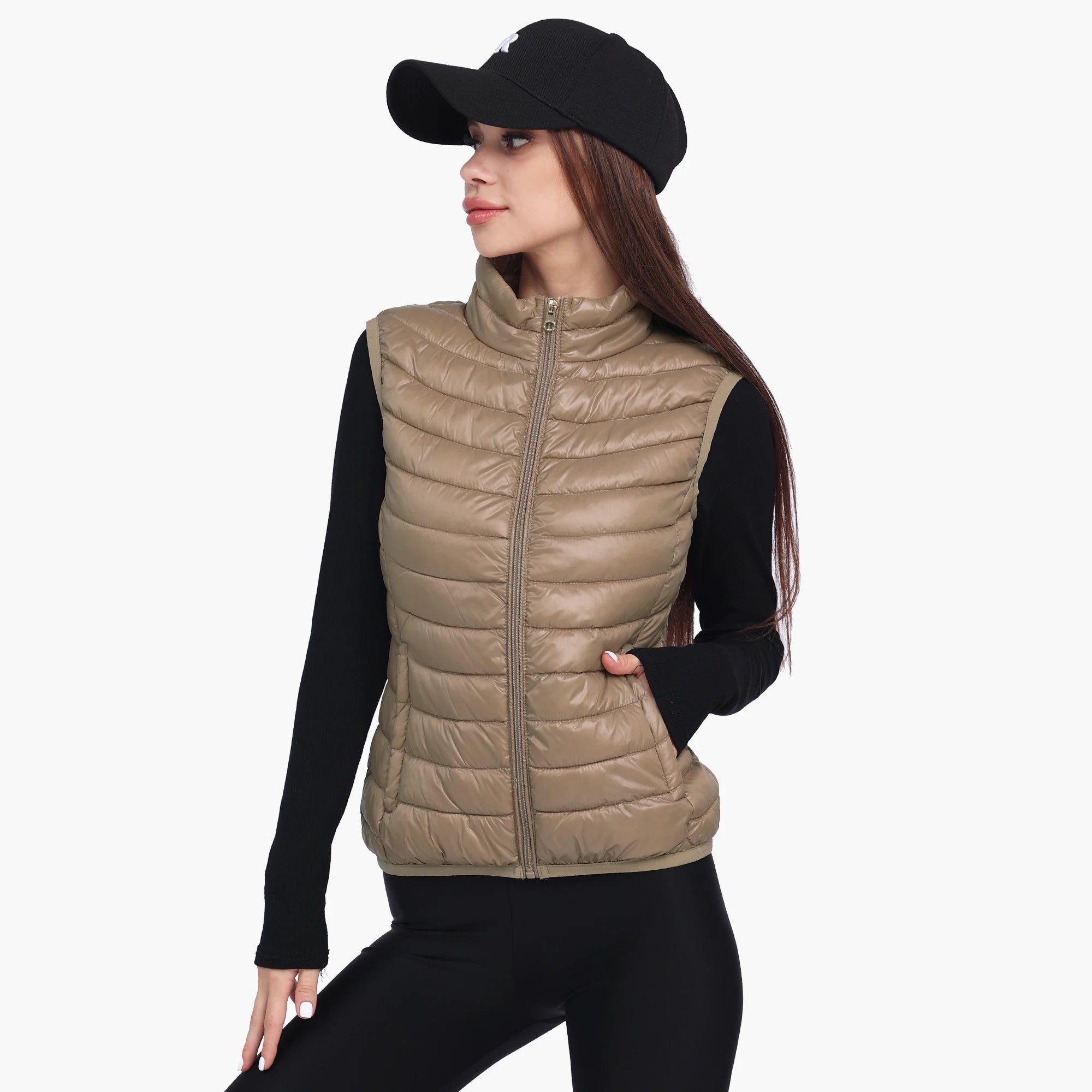 Women Winter Lightweight Warm Water-Resistant Packable Puffer Vest With Pockets Sleeveless Stand Collar Coats Outerwear Beige