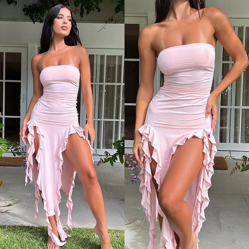Blue Ruffle Strapless Dress Summer Women Sexy Split Slim Fringe Dresses Elegant Sleeveless Backless Vacation Club Party Outfits B2
