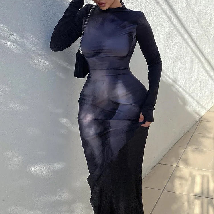 Weird Puss Body Print Maxi Dress Women Sexy Aesthetics Long Sleeve Turtleneck Skinny Bodycon Streetwear Elastic Party Clubwear black