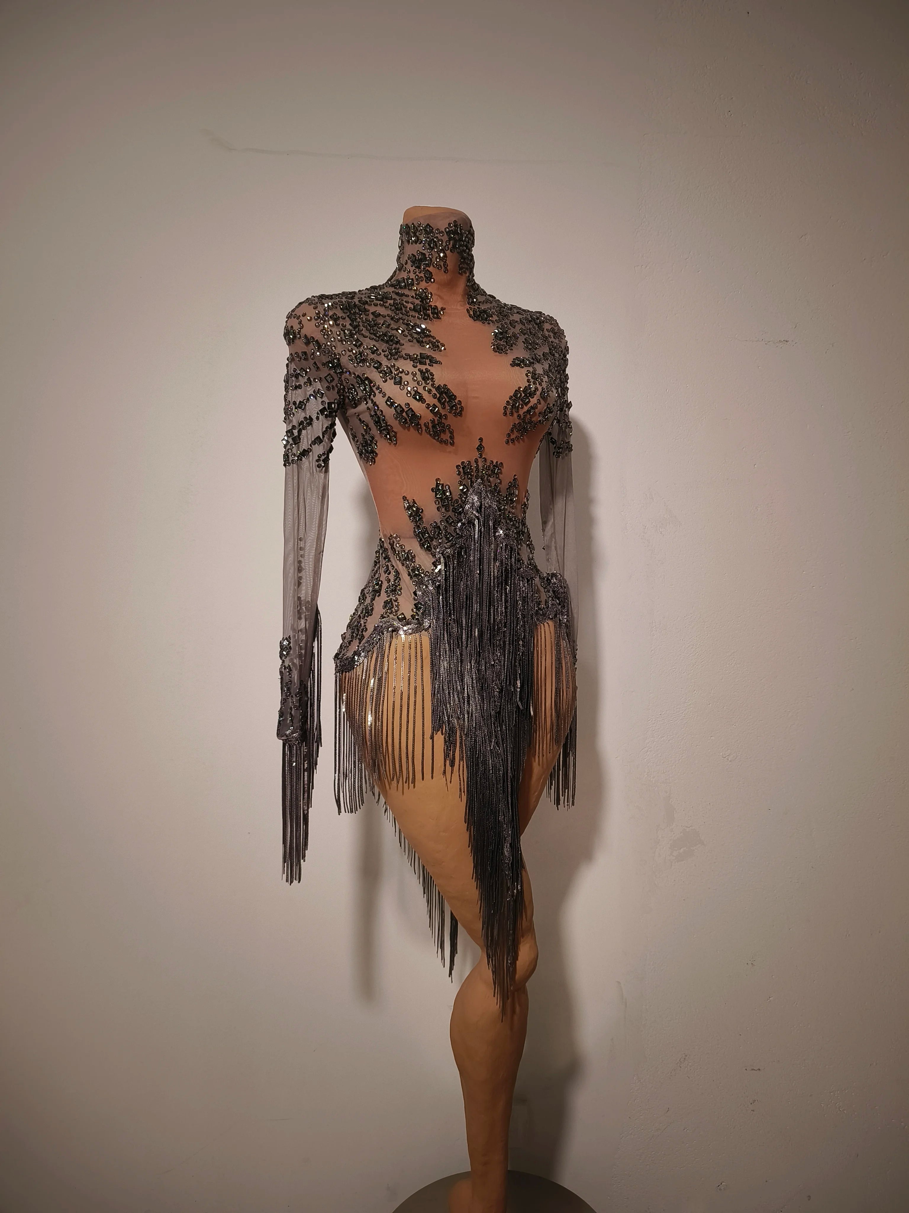 Women Sexy Mesh Silver Gray Crystal Stretchy Night Club Singer Dancer Tassel Dancer tage Costume Mini Party Dress