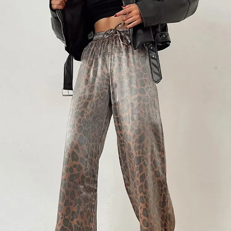 Fashion Leopard Print Wide Leg Pants Women Chic Glitter High Waist Elastic Lace Up Loose Long Pants Casual High Street Wear