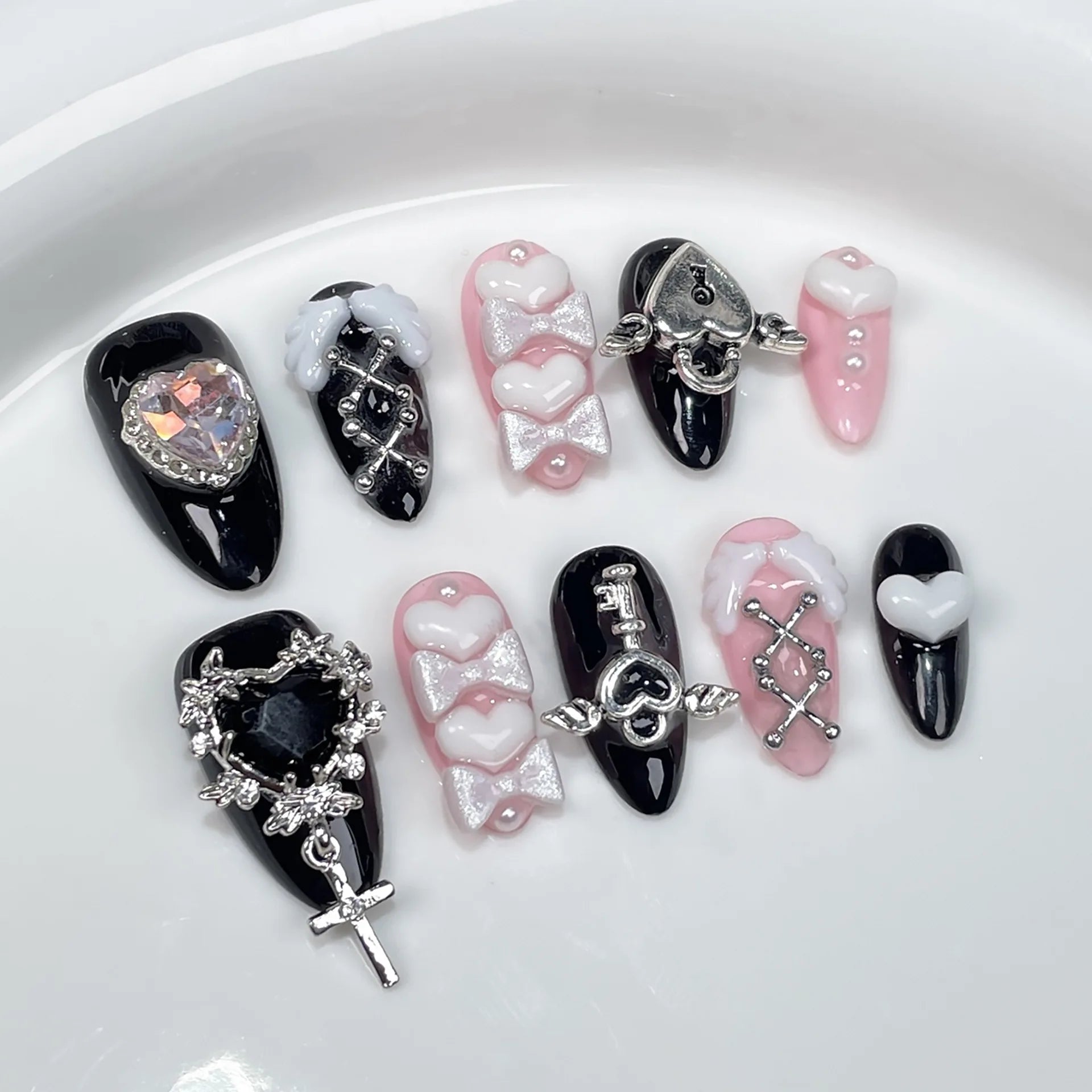 10Pcs Metallic Almond Handmade Fake Nails with Glue Sweet Cool Gel Nail Press on Dark Color Full Cover False Manicure Nail Tips