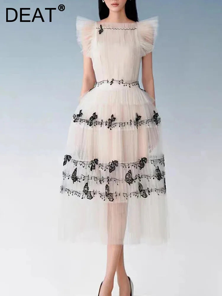 DEAT Gauze Women Dress Print Short Flying Sleeve A Line High Waist Medium Long Elegant Chic Style New Spring 15KB5996