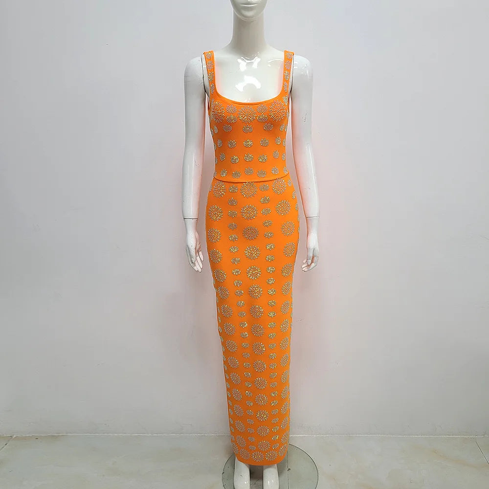 Shinning Rhinestones Women Sleeveless Sexy O-Neck Bodycon Long Bandage Dress Fashion Celebrate Evening Party Cocktail Dress