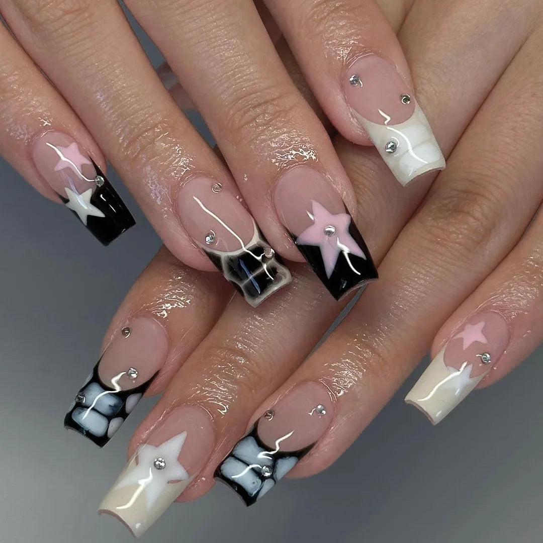 24Pcs Mid-length French Press on Fake Nails with Flame and Cherry Heart Square Head False Nails Wearable Manicure Tips Nails Art