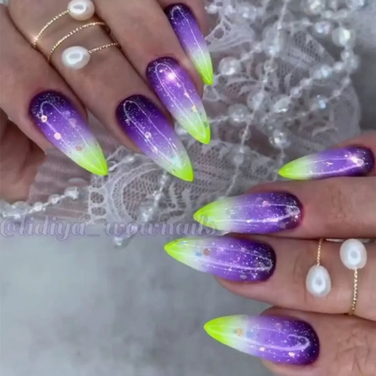 24pcs/set Glitter fake nails for women girls super flash sparkling gradient pink black tips faux ongles press on false nail art
