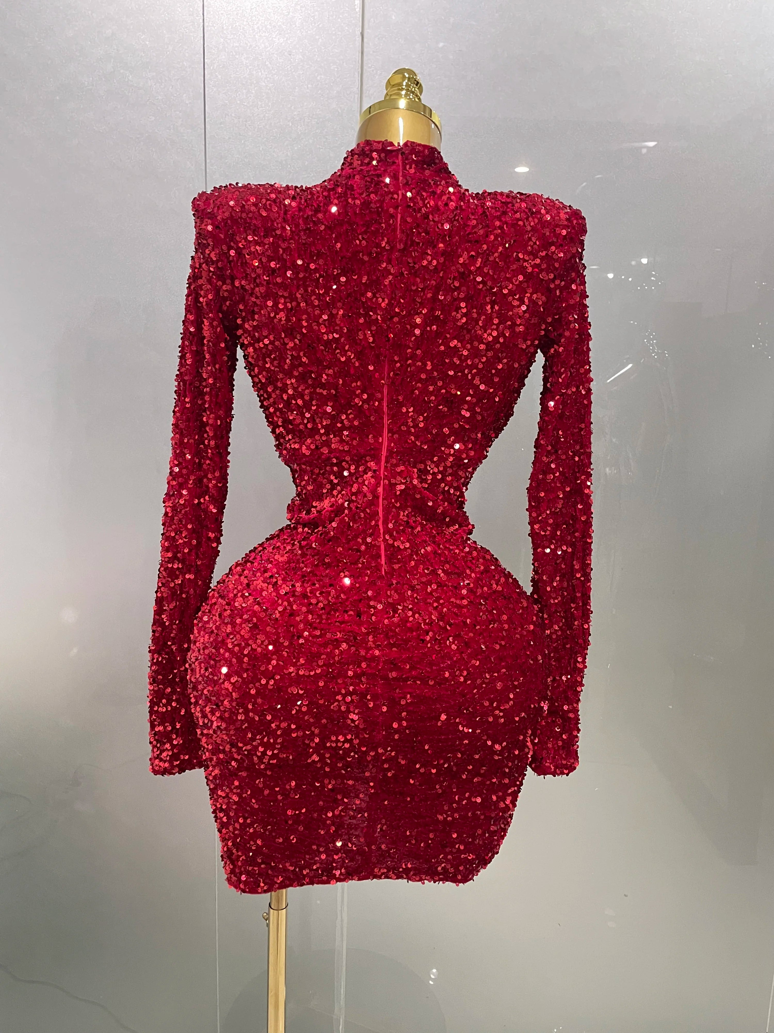 Sexy Sparkly Red Sequins Long Sleeve Short Dress 2025 New Women Evening Celebrate Birthday Party Club Performance Stage Costume