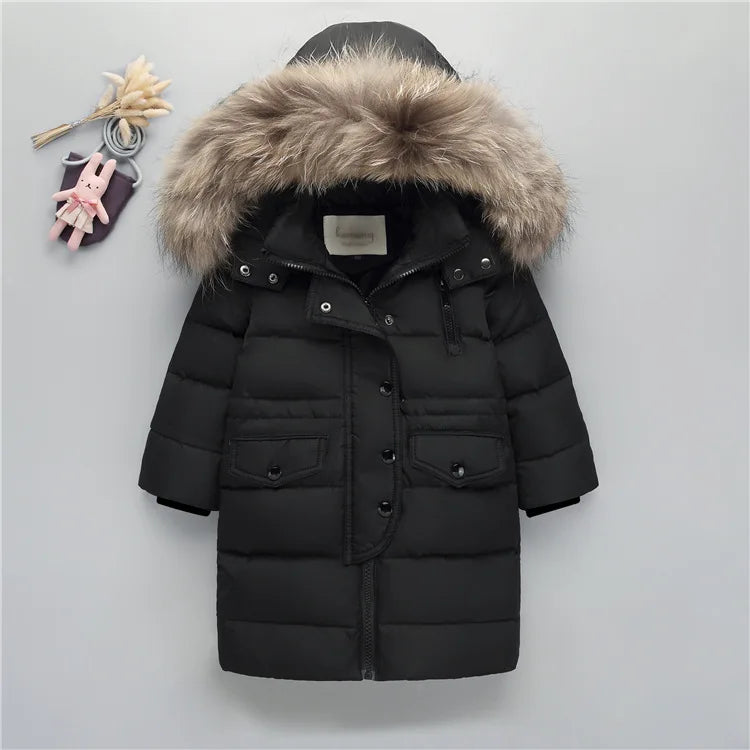 Nature Fur winter down jacket for boys coats girl clothes children's clothing thicken outerwear parka kids 80-160cm black B