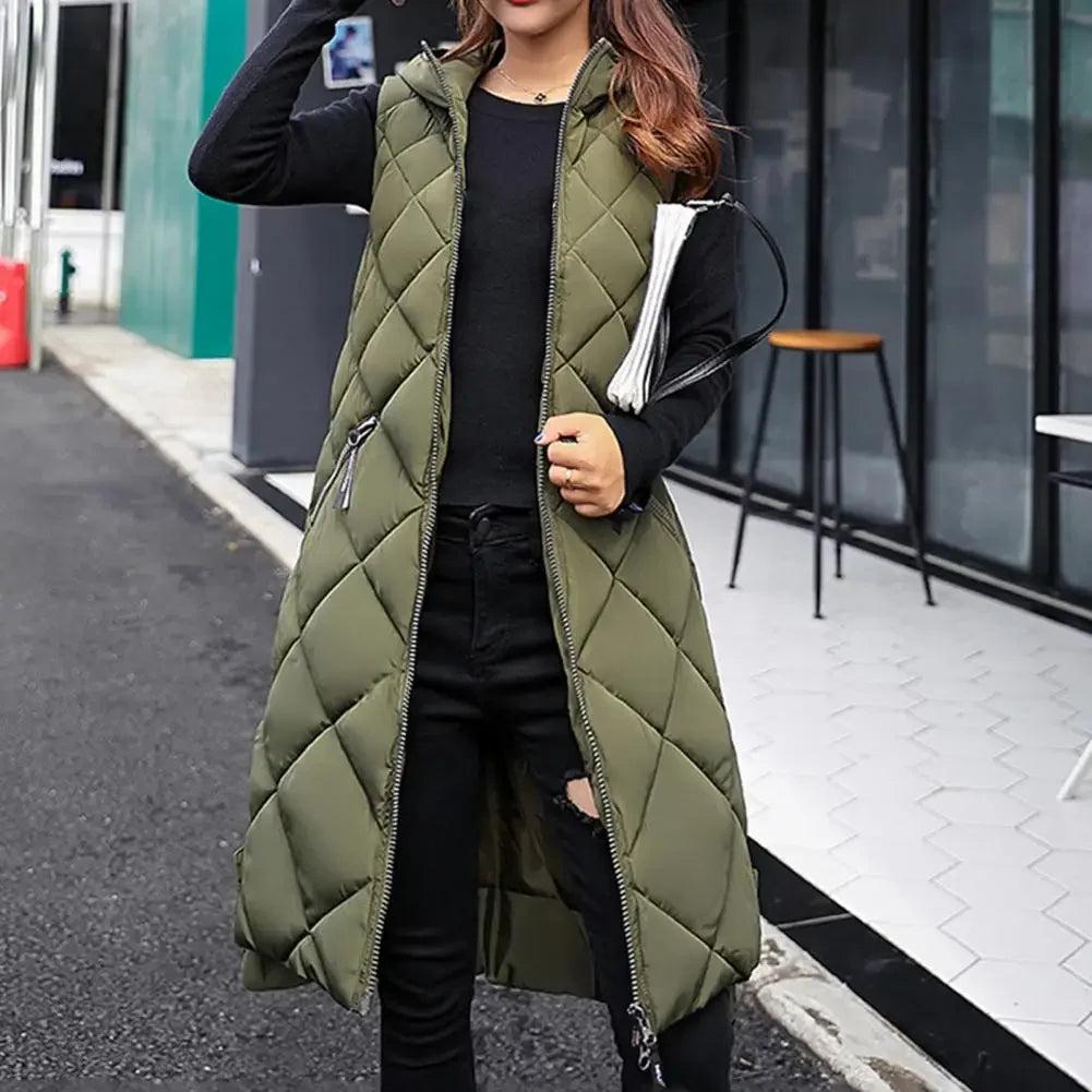 Vest Hooded Women Vest Jacket Long Diamond Grid Shaped Jacket Zipper Sleeveless Cardigan Trendy Style Autumn Winter Streetwear
