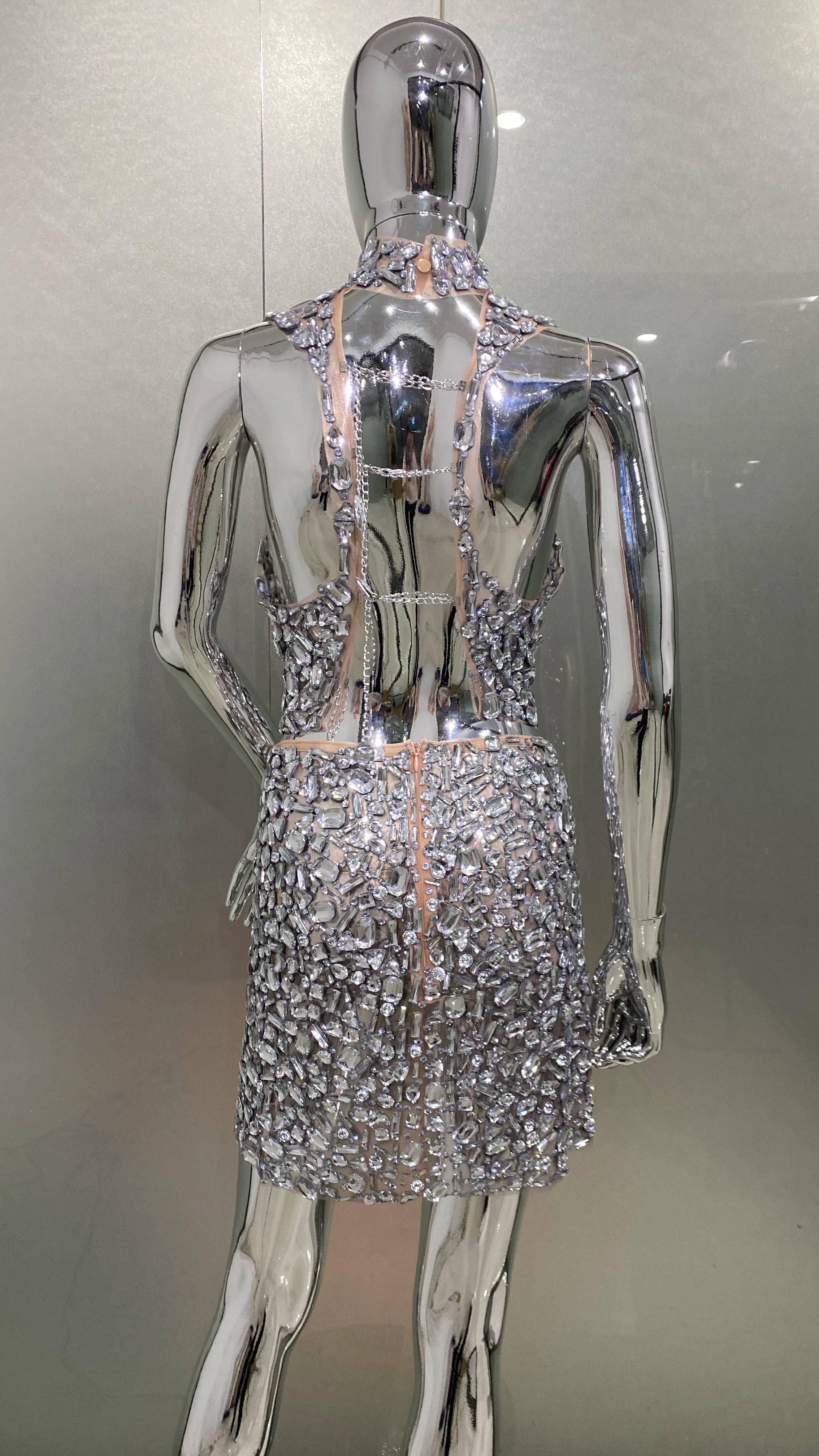 High Quality Sparkling Diamonds Sexy See Through Blackless Tank Top And  Skirt 2 Pieces Woman Set Birthday Party Vestido