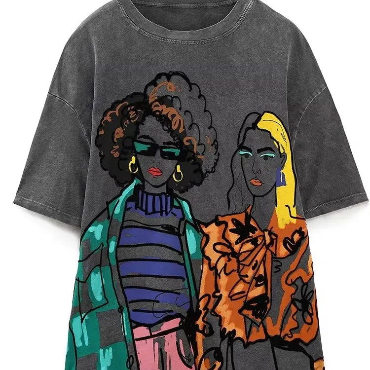 Women Fashion Contrast Color Girls Print Casual T Shirt Female Basic O Neck Short Sleeve Chic Leisure Tops T3069