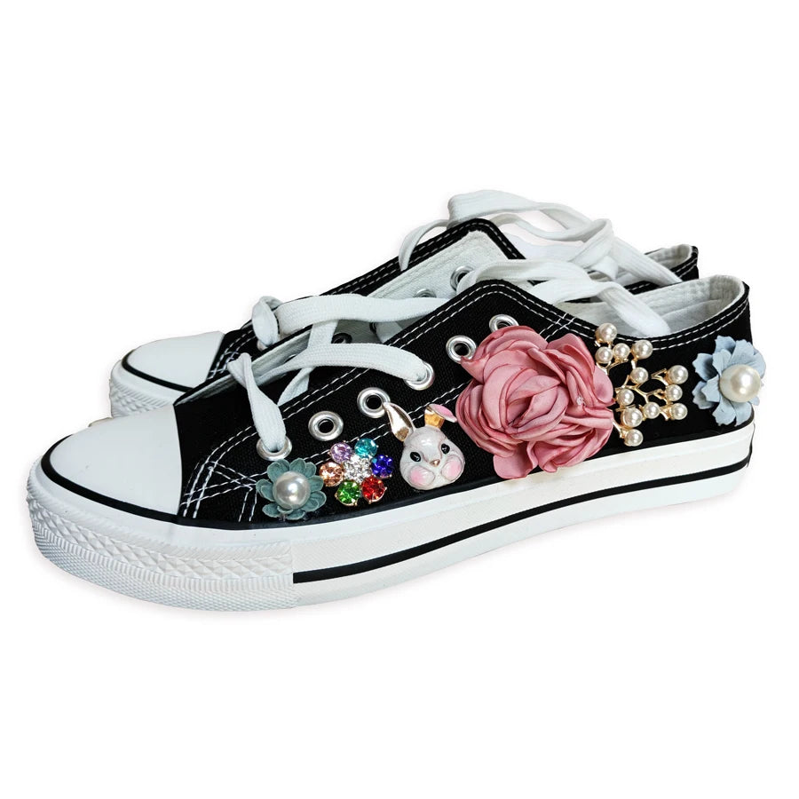 Korean Fantasy 7 Color DIY Flowers Vulcanized Shoes Pearl Hand-Made Designer Women's Rhinestone Platform Canvas Shoes Black(Rabbit)