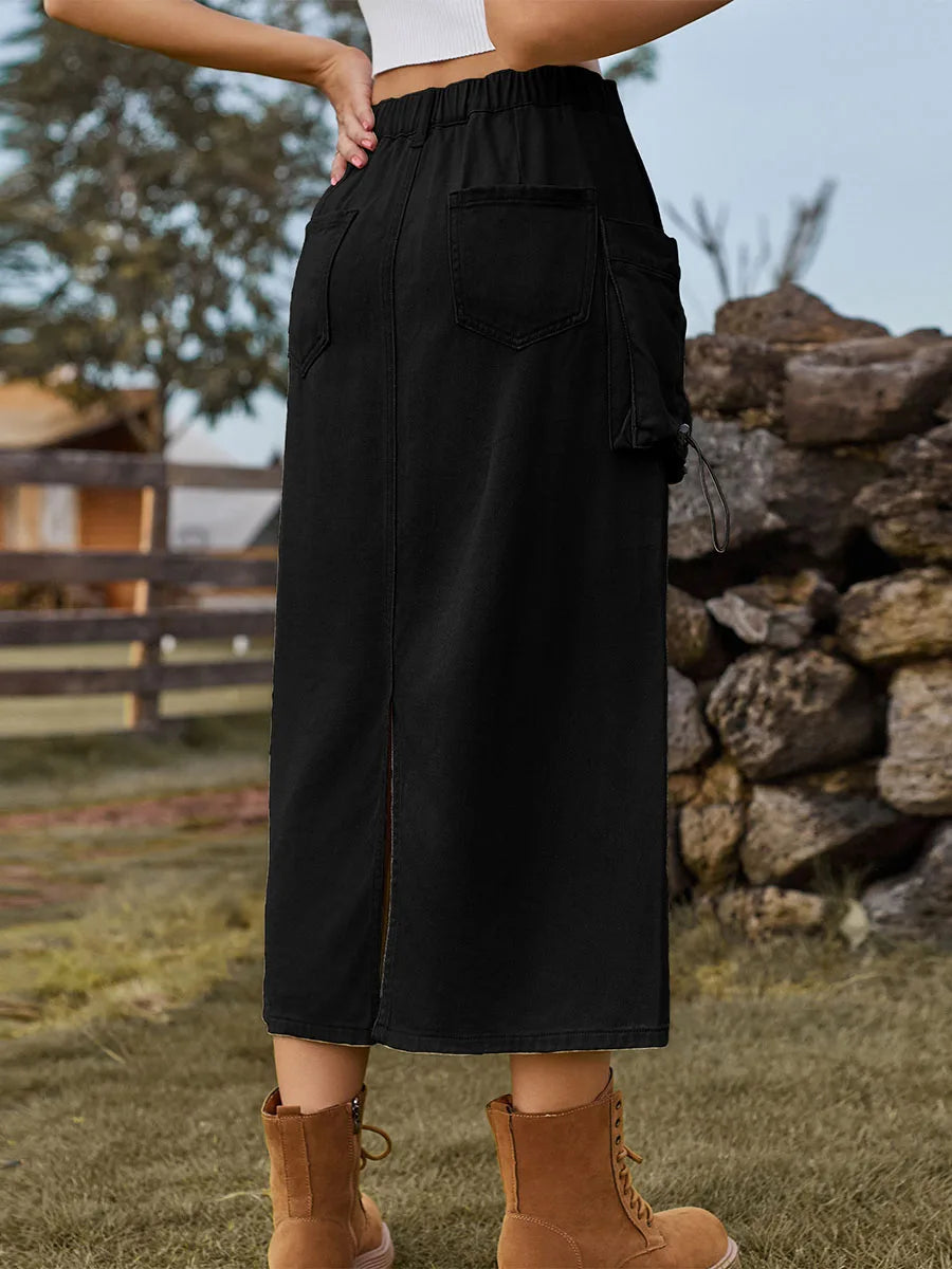 Edhomenn Women s Midi Cargo Skirt Solid Color Drawstring Denim Skirt with Pockets Y2k Long Skirt Streetwear