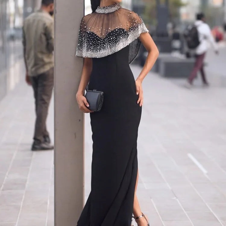 VC Luxury Sheer Beaded Mesh Cape Black Maxi Strapless Sleeveless Dress for Formal Events Gown