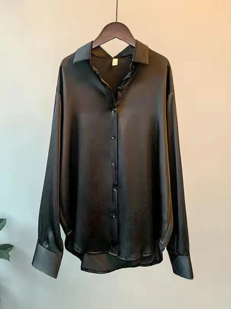 Casual Office Lady Silk Blouses Autumn Long Sleeve Button Up Shirt Women Elegant Winter Tops Office Lady Acetate Blouse black