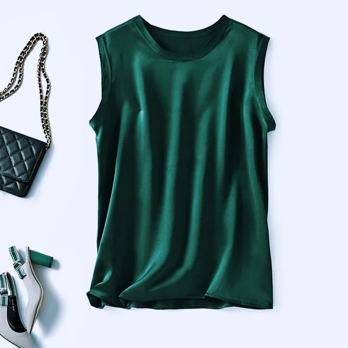 Women Korean Fashion Satin Office Lady Tank Top Summer ice Silk Tank Top Solid comfortable elegant wild shirt Black White Pink dark green