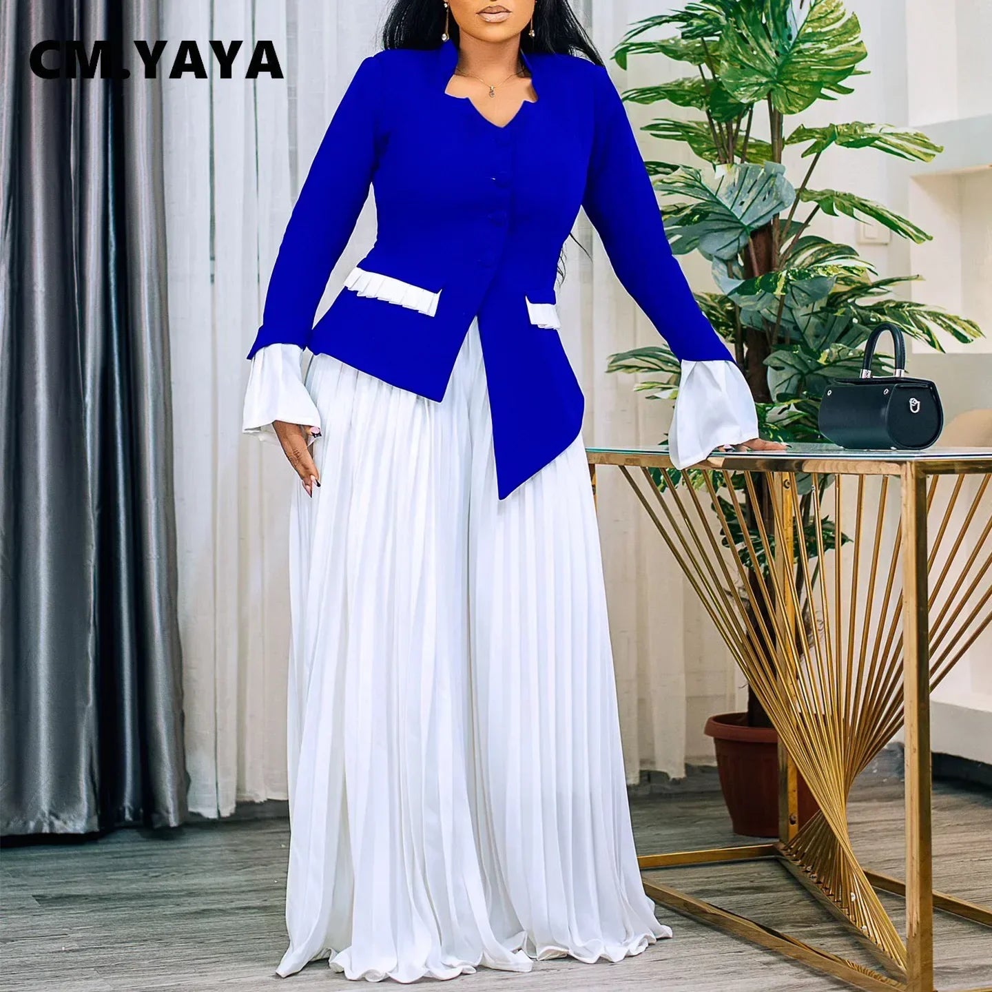 CM.YAYA Women's Set Full Flare Sleeve Button Blazer Shirt + Pleated Long Pants Suit Streetwear Two 2 Piece Set Africa OL Outfits