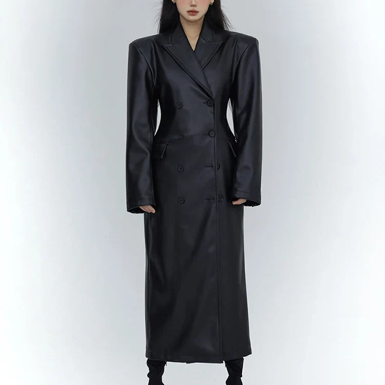 Spring Autumn Long Black Fitted Soft Pu Leather Trench Coat for Women with Shoulder Pads Luxury Designer Clothing 2023 Black