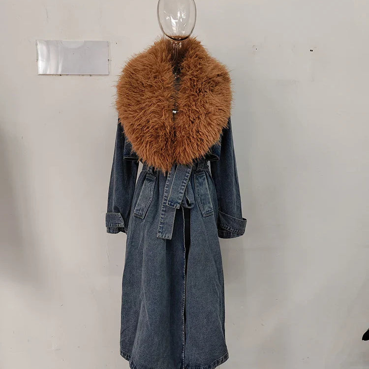 DEAT Fahsion Women Denim Overcoat Fur Collar Belt Patchwork Pockets Loose Split Thick Warm Windbreaker Winter New LM1040 Denim Blue
