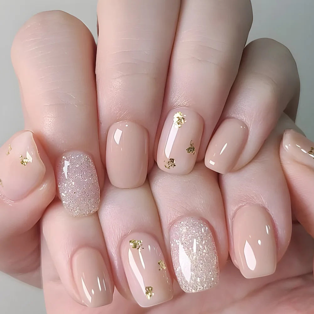 24pcs/set short square fake nails for women girls faux ongles fashion glitter geometric flowers design press on false nail kit