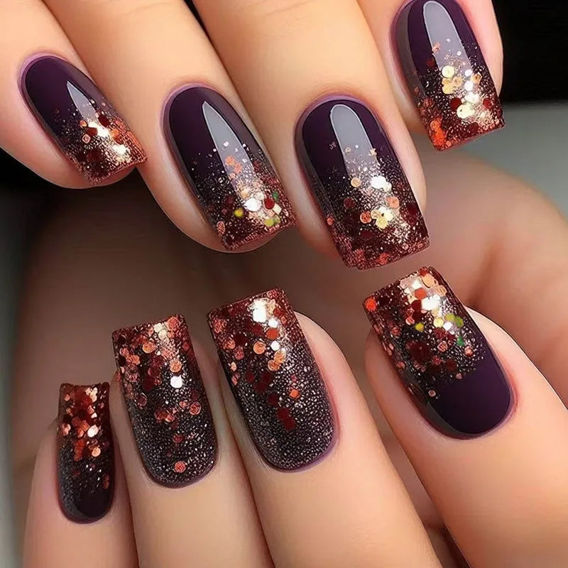 24Pcs Glitter Fake Nail Art with Sequin Design Mid-length Square Head False Nails Tips Retro Wine Red Wearable Press on Nails