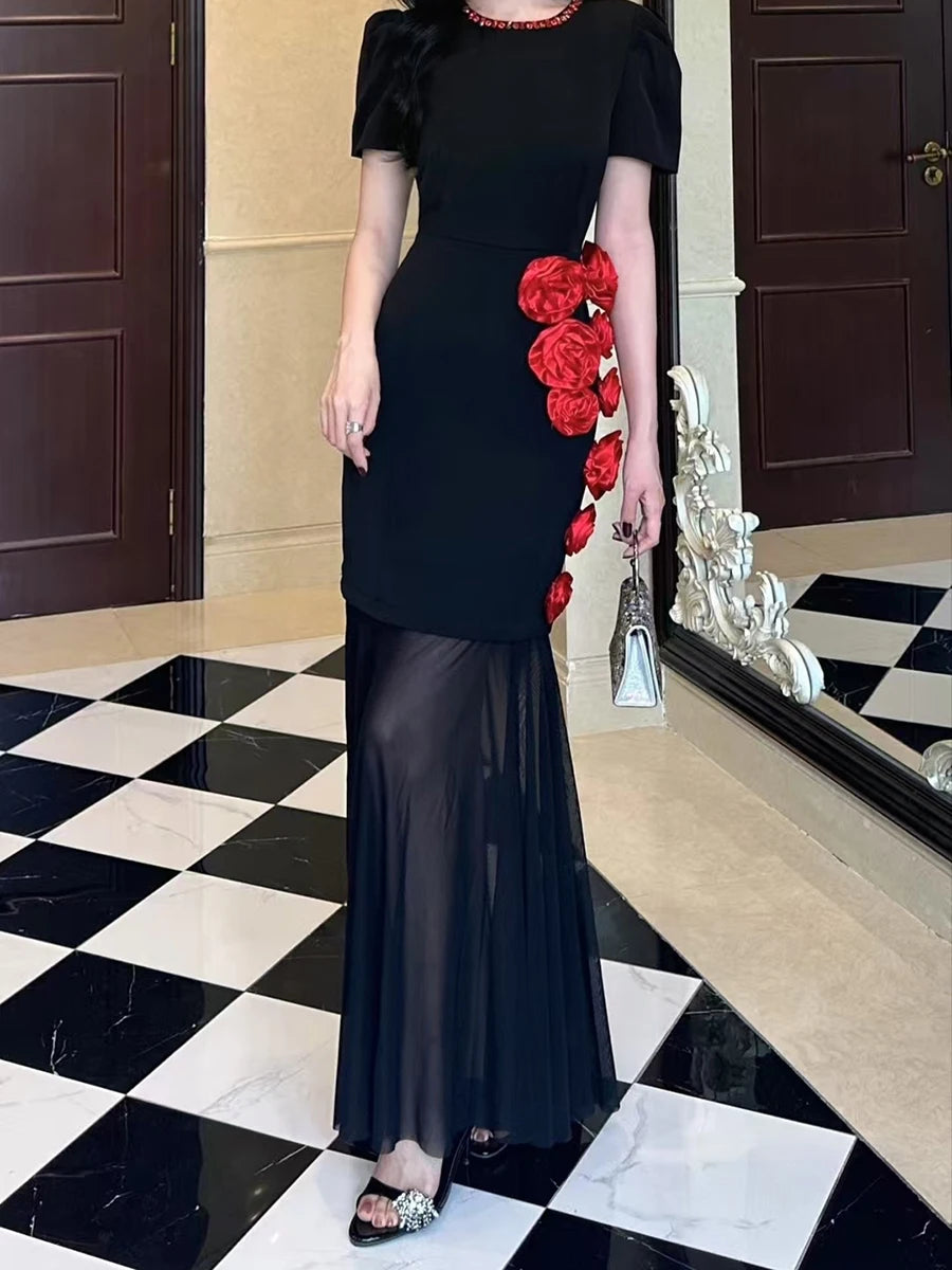 TWOTWINSTYLE Hit Color Slimming Spliced 3D Flower Elegant Dresses for Women Round Neck Short Sleeves Dress Femlae Clothing New