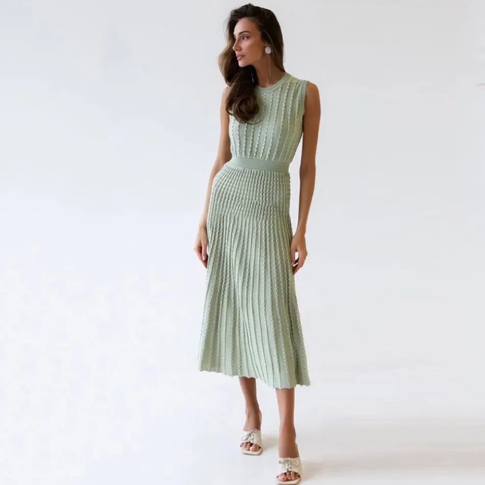 2024 New Listing Elegant Striped Knit Dress Women O-neck Sleeveless A-line Dresses Club Evening Party Midi Vestido