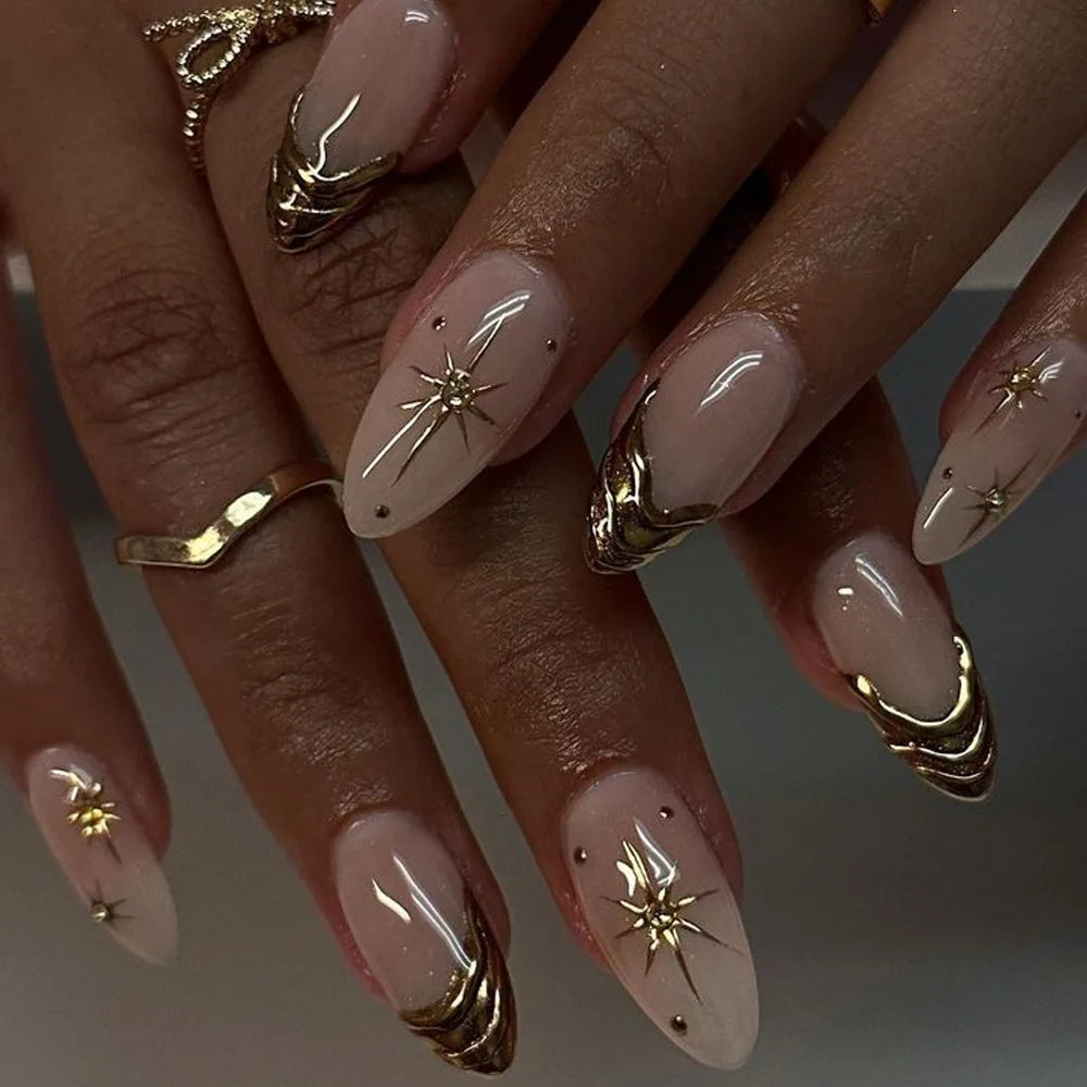 24pcs Mid-length Almond False Nails Finished Aurora Stick on Nail Tips Argent French Fake Nail Rhinestone Design Press on Nails