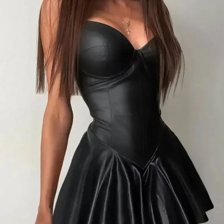 Sexy Faux Matter Leather Mini Dress Women Spaghetti Strap Bodycon Dress Sleeveless PU A-line Pleated Dress Party Cutsom Clubwear