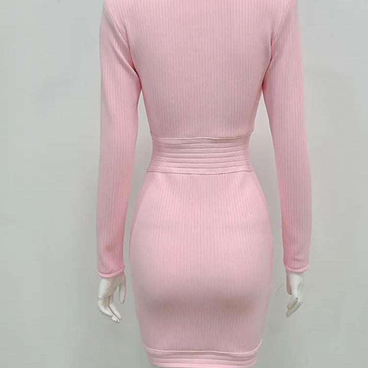 Winter Style Sexy Long Sleeve Key Hole Button Pink Mini Women Bodycon Bandage Dress Elegant Evening Club Party Dress