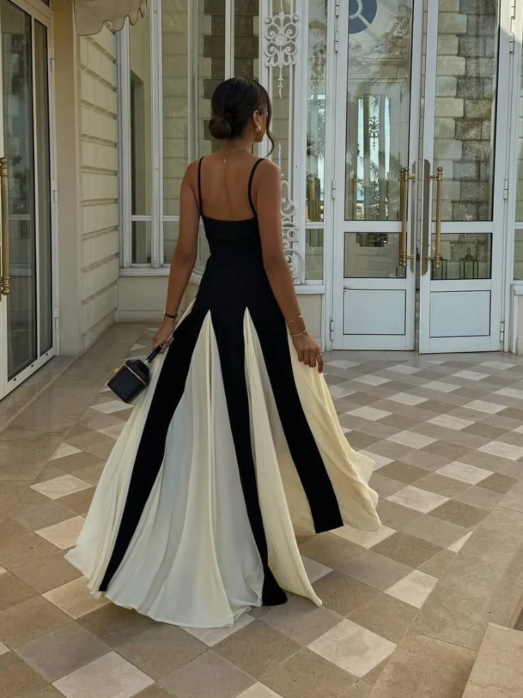 Fashion Contrasting Color Spaghetti Strap Dress For Women Elegant Gauze Backless A-line Long Dresses New Lady Party Evening Gown