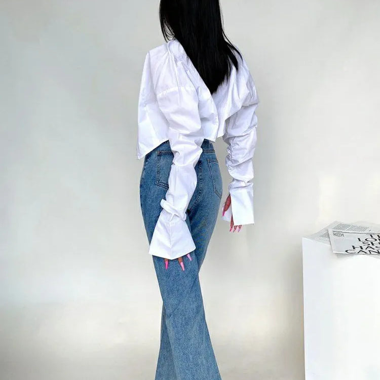 Spring Korean Style Long Sleeve White Shirt Women Sexy Button Ladies Crop Tops Blouse Street New In Female Clothing