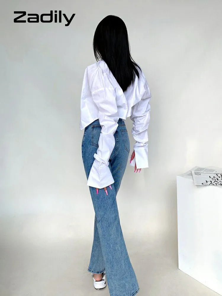 Spring Korean Style Long Sleeve White Shirt Women Sexy Button Ladies Crop Tops Blouse Street New In Female Clothing