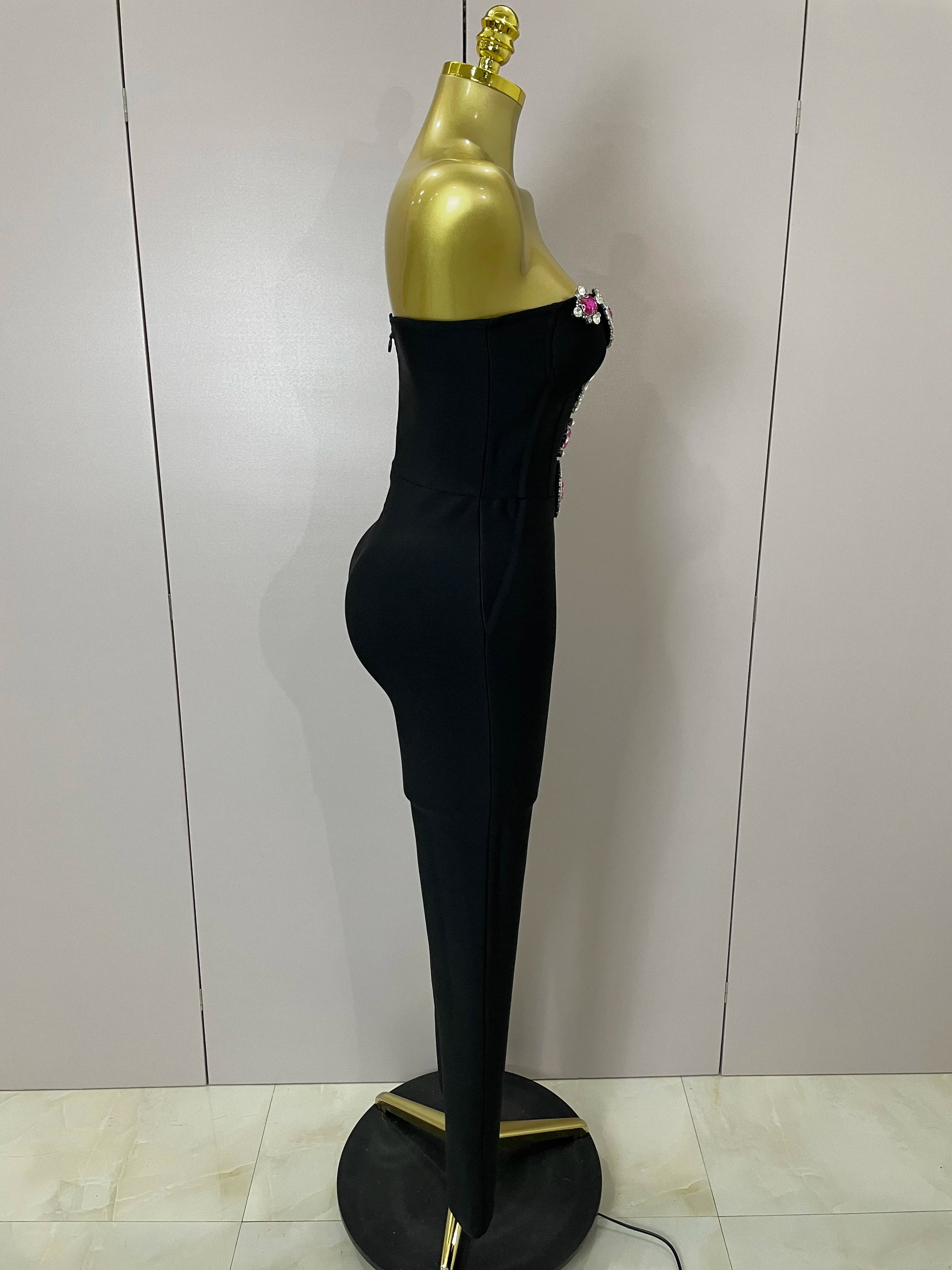 Luxury Sexy Strapless Backless Crystal Diamonds Black Bodycon Bandage Jumpsuit 2025 Women Celebrity Designer High Street Rompers