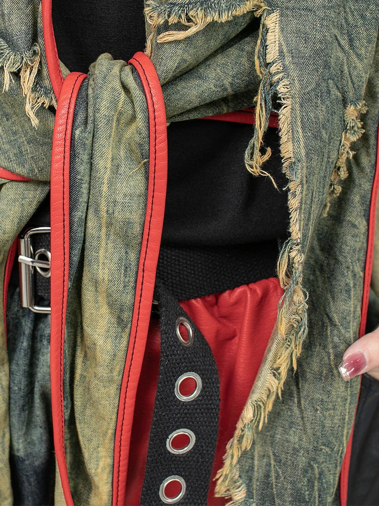 Spring Summer New Cool Distressed Denim Patchwork Irregular Vest + Hanging Crotch Pants Two-piece Set Women LX076