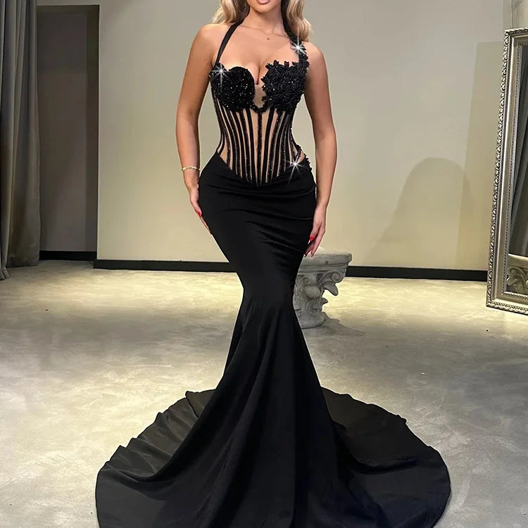 VC Glamorous Black Halter Sequin Flower Mesh Top Mermaid Dress for Galas Evening Gown