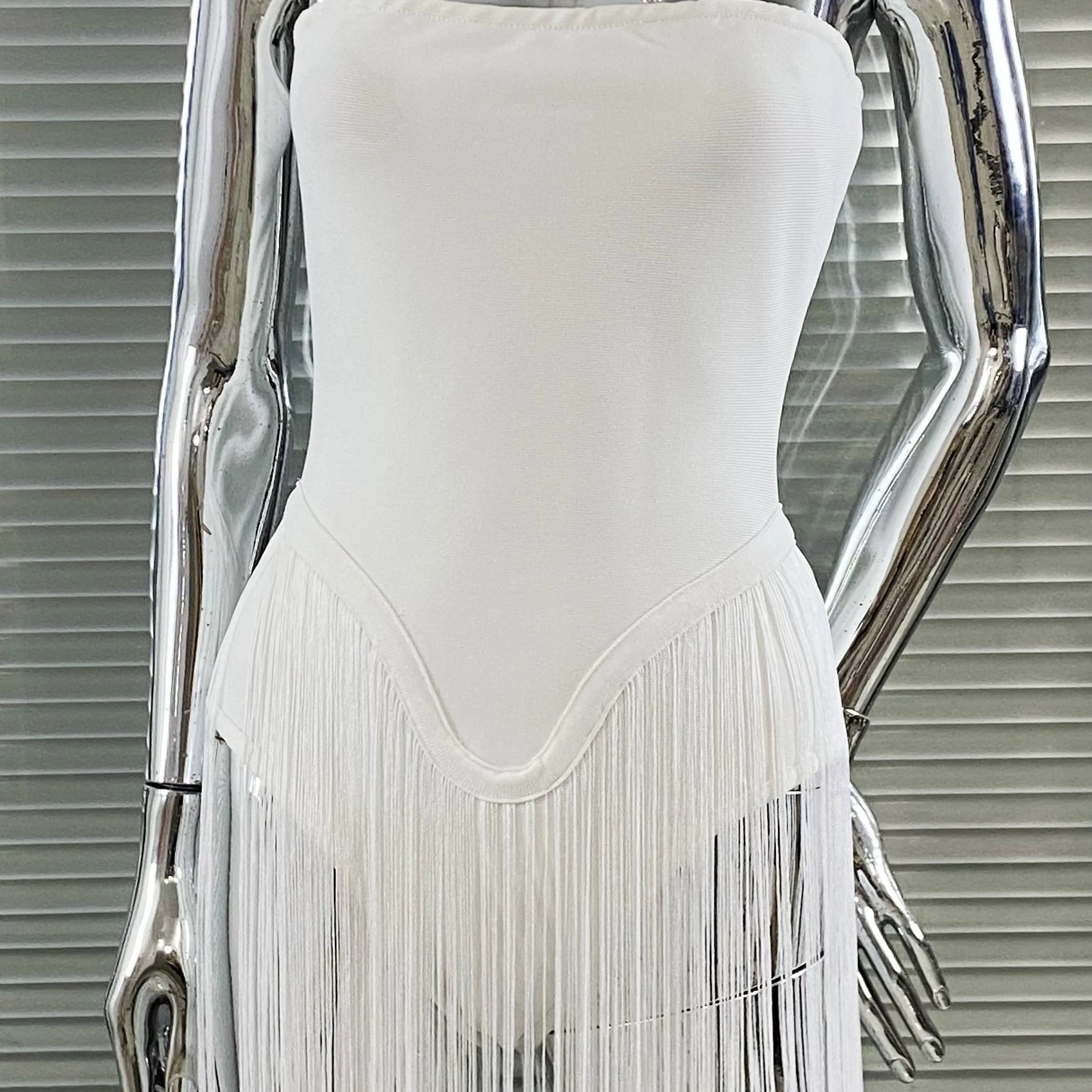 Summer White Color Long Tassel Strapless Bandage Jumpsuit Fashion Woman Party Bodysuit Vestido Performances Costume