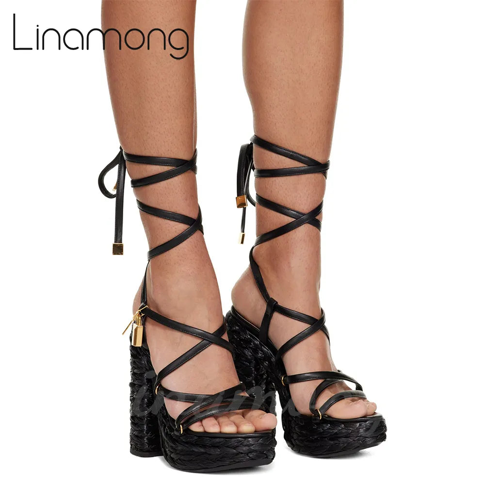 Metallic-Effect Leather Platform Sandals Metal Lock Ankle Strap Espadrilles for Women Luxury Design Round Toe Strap Summer Shoes