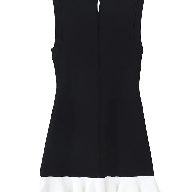 TWOTWINSTYLE Hit Color Slimming Spliced Bead Elegant Mini Dresses for Women Round Neck Sleeveless Patchwork Ruffles Dress Female