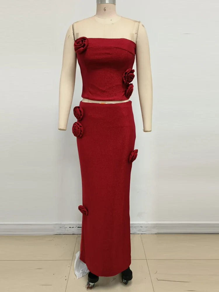 Red Color Women Sexy Shinning Florals 2 Pieces Bodycon Long Dress Celebrate Nightclub Party Birthday Fashion Outfit