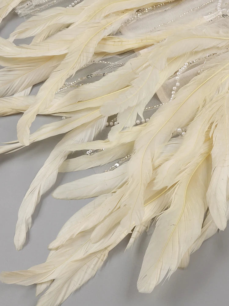 VC Nude Strapless Crystals Embellished Long Dress Sheath Low V Neck Sleeveless Feather High Side Slit Floor Length Evening  Gown